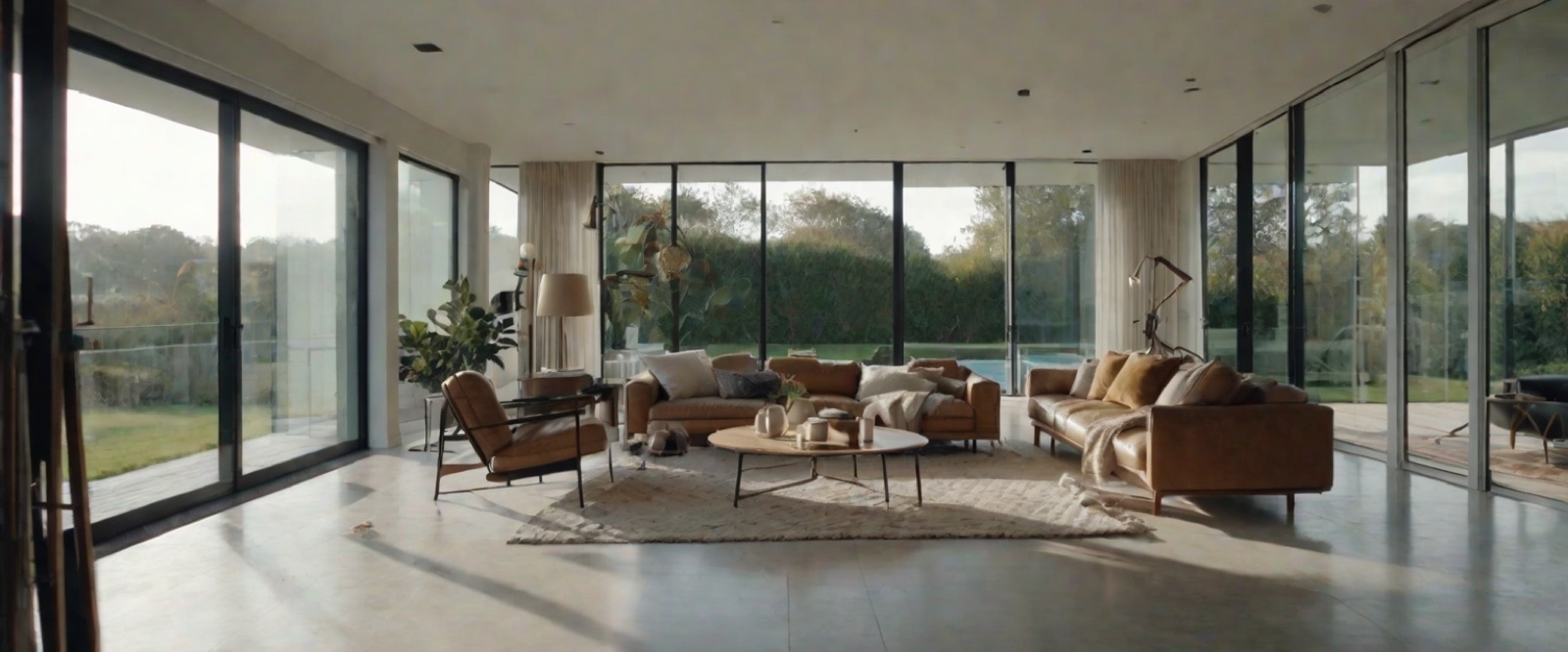 A bright modern living room with floor to ceiling windows, the kind of property a real estate media agency shoots