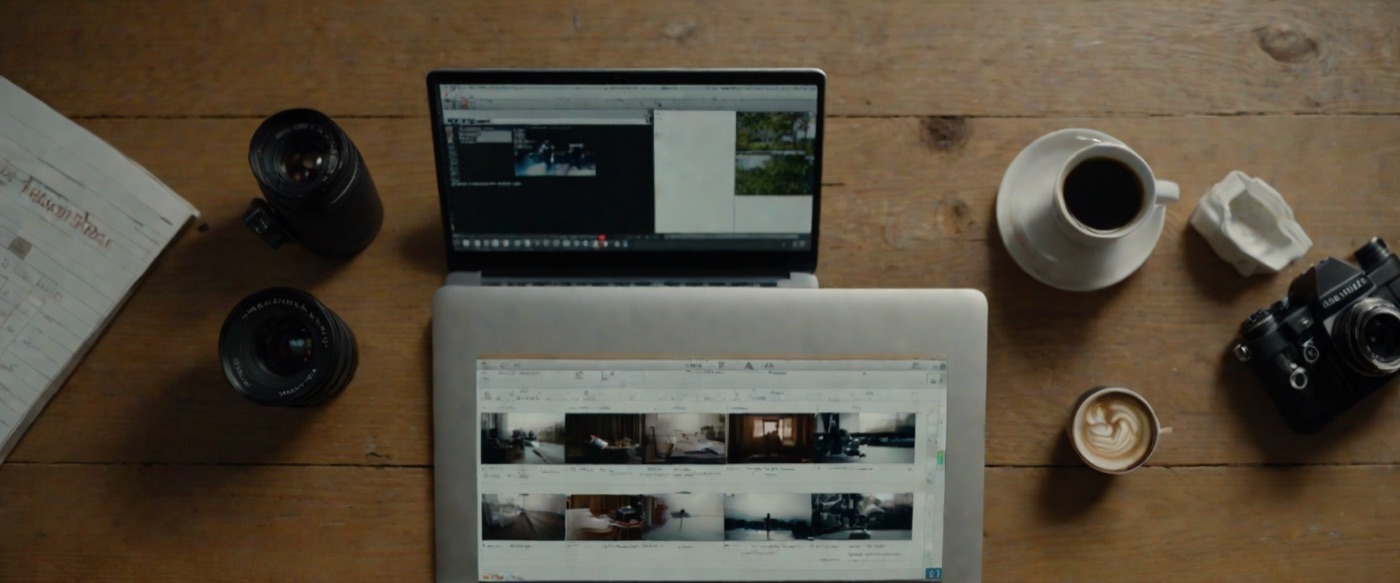 A real estate media editing workflow: a laptop showing a video timeline, a camera and lenses on a desk